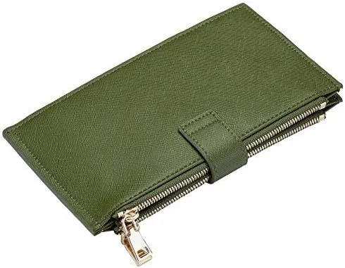 Vista 4 de Travelambo Billetera para mujer con bloqueo RFID plegable para múltiples tarjetas con bolsillo con cremallera, Ejército Verde 7224, Minimalista