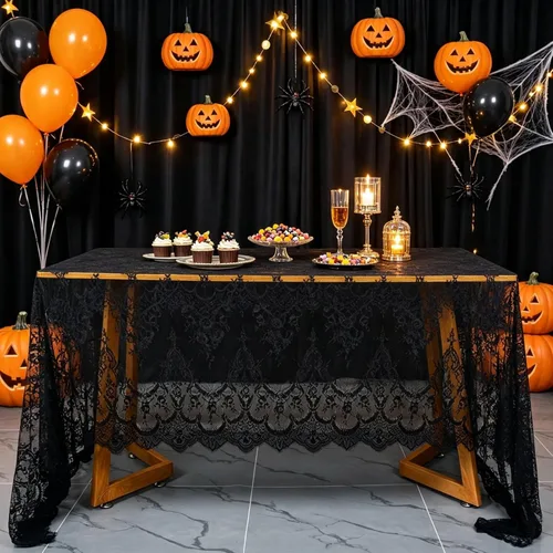 Vista 5 de Mantel de encaje negro de 60 x 120 pulgadas, paquete de 2 decoraciones 005-negro