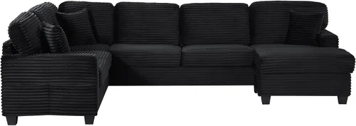 Vista 5 de Sofá modular de 125.2 pulgadas, sofá tapizado en forma de U con otomana móvil y bolsillos laterales de almacenamiento para sala de estar, color negro