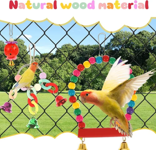Vista 3 de 13 piezas de juguetes para pájaros de cacatúa, loros de madera, accesorios de jaula de periquitos, columpios de perca para pequeños juguetes