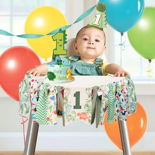 Vista 7 de Decoraciones de dinosaurio para el primer cumpleaños, cartel para silla alta para niño Dinosaurio Verde Uno