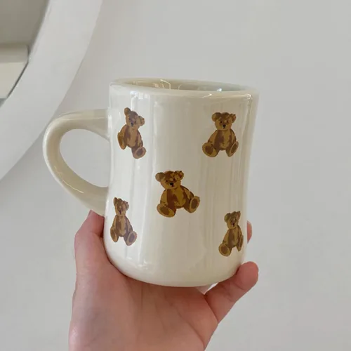 Vista 2 de Tazas de Café de Cerámica para Mujeres y Niñas, Tazas de Oso de Dibujos Animados en Crema Blanca, Taza de Agua 350ML/12OZ. Linda Taza de Café