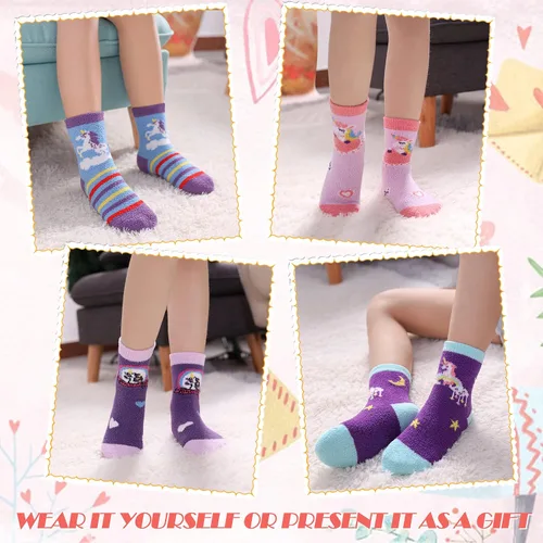 Vista 2 de DYW 6 pares de calcetines antideslizantes para niños y niñas y niños pequeños, con agarre antideslizante de animales, acogedores y esponjosos