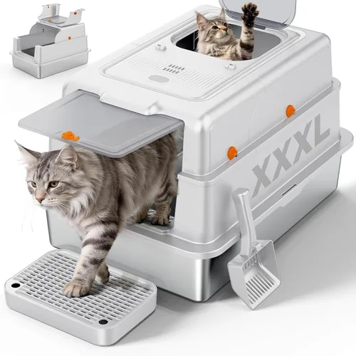 Vista 13 de FURTIME Pequeña caja de arena de acero inoxidable con tapa para gatito, caja de arena cerrada de metal para gatos pequeños, caja de gato con caja