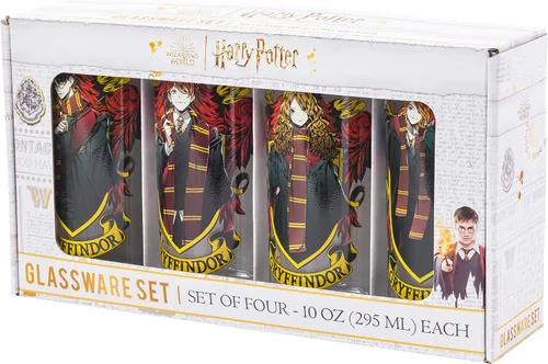 Vista 6 de Silver Buffalo Harry Potter Gryffindor Squad con Hermione Granger, Ron Weasley, y Fred y George estilo anime, juego de 4 vasos de vidrio de 10 onzas