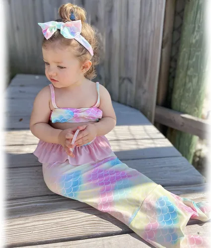 Vista 2 de Traje de baño de sirena para bebé niña, conjunto de bikini con diadema