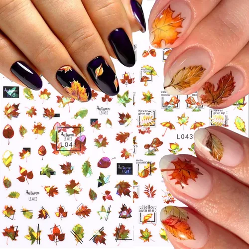 Vista 4 de 6 calcomanías de arte de uñas de otoño, calcomanías de uñas con láser 3D, calcomanías brillantes para uñas, diseño de hojas de arce doradas