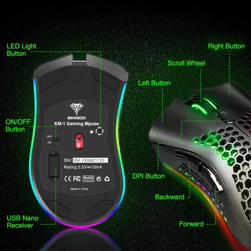 Vista 4 de BENGOO Mouse inalámbrico para juegos, mouse de computadora USB inalámbrico con 6 botones programados, 3 retroiluminación DPI RGB ajustables