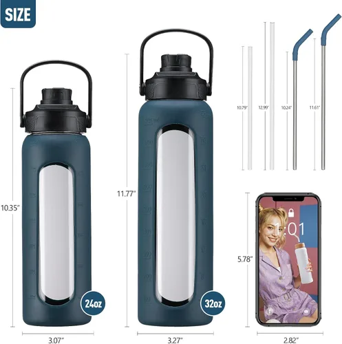 Vista 49 de Botella de agua Kodrine con pajita, botella de vidrio de 24 oz con 2 tapas, una de pajita de bambú y otra con pico y asa, botella de vidrio