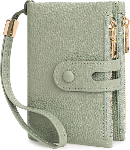 Vista 10 de FALAN MULE Cartera pequeña de cuero para mujer, con bloqueo RFID, tarjetero plegable con bolsillos dobles con cremallera, Marrón claro