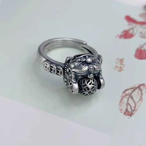 Vista 4 de Anillo ajustable antiguo antiguo de plata de ley 925 de jade natural para mujer, Plata, Jade