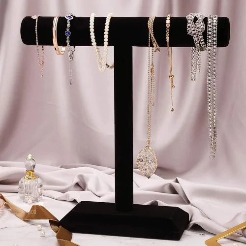 Vista 5 de Soporte de pulsera de terciopelo negro con barra en T de un nivel, organizador de collar para mujeres, niñas, hombres, organización del hogar