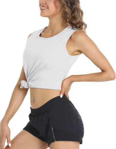 Vista 4 de MAGCOMSEN Camisetas de entrenamiento sin mangas para mujer, de ajuste seco, absorben la humedad, para gimnasio, protección solar