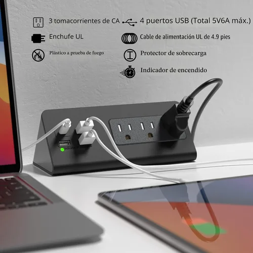 Vista 2 de Regleta de alimentación de montaje en borde para mesita de noche con puertos USB-C, protector de sobretensiones de mesa, abrazaderas de escritorio