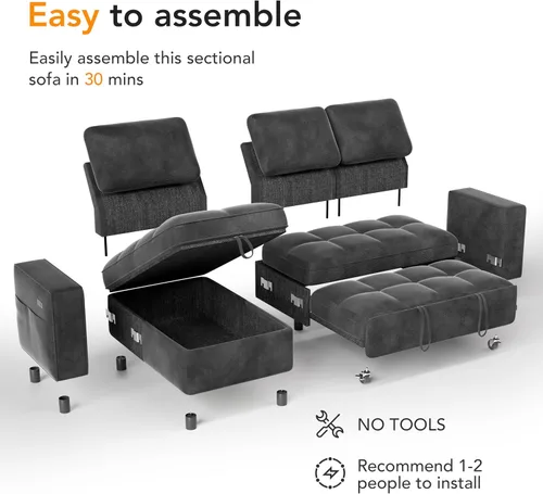 Vista 4 de Vipbear Sofá cama modular de 81 pulgadas con cama extraíble, sofá cama en forma de L, sofá extraíble con respaldo reclinable, diván de Gris oscuro