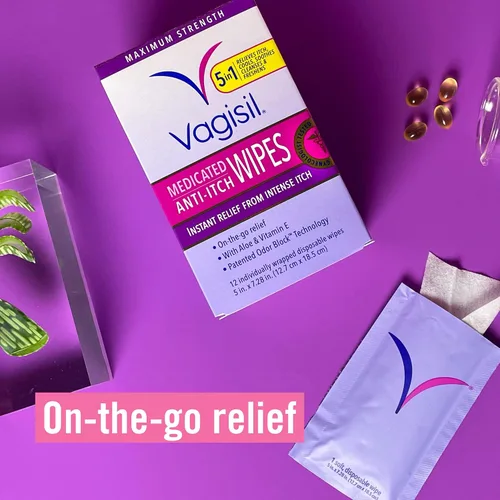 Vista 4 de Vagisil Toallitas íntimas femeninas medicadas antipicazón para mujeres, máxima potencia, probado por ginecólogos, 12 toallitas (paquete de 3)