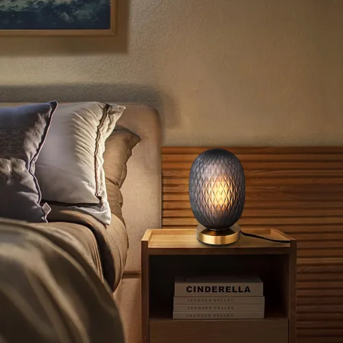 Vista 6 de Moderna lámpara de mesa de cristal con forma de globo de mediados de siglo, industrial regulable con control táctil, luces de escritorio, 3 niveles