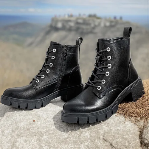 Vista 3 de Vepose Botines de combate 9626 para mujer, plataforma con cordones y tacón grueso con cremallera lateral