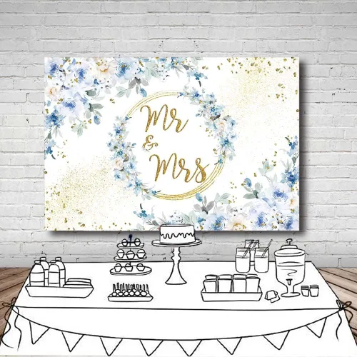 Vista 4 de MEHOFOND Telón de fondo floral azul de 7 x 5 pies para decoración de fiesta de compromiso para parejas, bodas, puntos dorados con purpurina, fondo