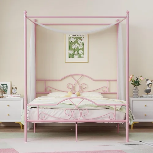 Vista 17 de Weehom - Base de cama con dosel tamaño queen con cabecera y estribo, base de colchón de plataforma metálica con cuatro postes, almacenamiento debajo