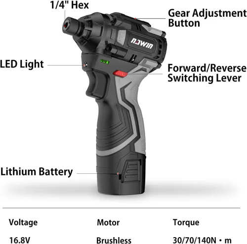 Vista 6 de Kit de destornillador de impacto inalámbrico 16.8V Máximo torque 140Nm (105 pies-libras) Destornillador de impacto eléctrico de alta rotación Motor