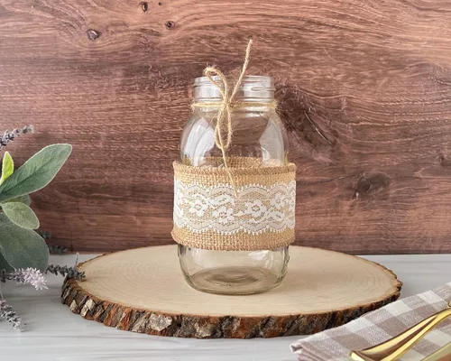 Vista 2 de Set of 12 Burlap and Lace Sleeves for Mason Jars, Sleeves and Twine ONLY, Jars NOT Included, Burlap Mason Jar Wraps, Shabby Chic Centerpieces for