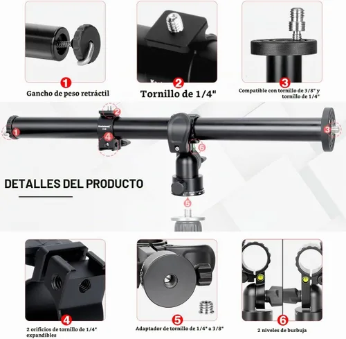 Vista 5 de Koolehaoda Brazo de extensión de trípode de 16.5" con columna central horizontal, extensión de boom de 28mm con base giratoria rotativa de 360°