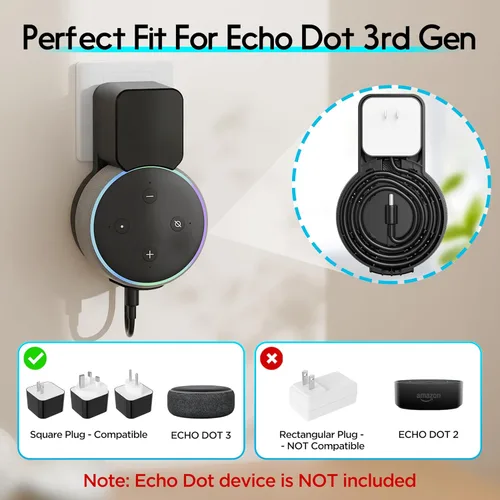 Vista 2 de Soporte de pared para Dot 3ª generación, accesorios para ahorrar espacio, soporte Alexa, accesorios Dot 3 con gestión de cables integrada sin cables