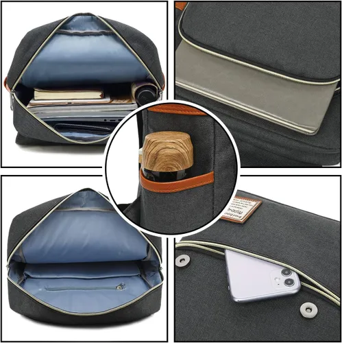 Vista 3 de UGRACE - Mochila vintage para portátil con puerto de carga USB, elegante mochila de viaje resistente al agua, mochilas casuales para hombres y Negro