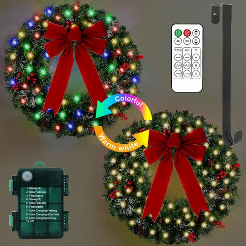 Vista 11 de Corona de Navidad Prelit de 24 pulgadas con Colgador para Puerta Delantera, Decoraciones de Navidad, 8 Modos de Luz, Impermeable, Funciona