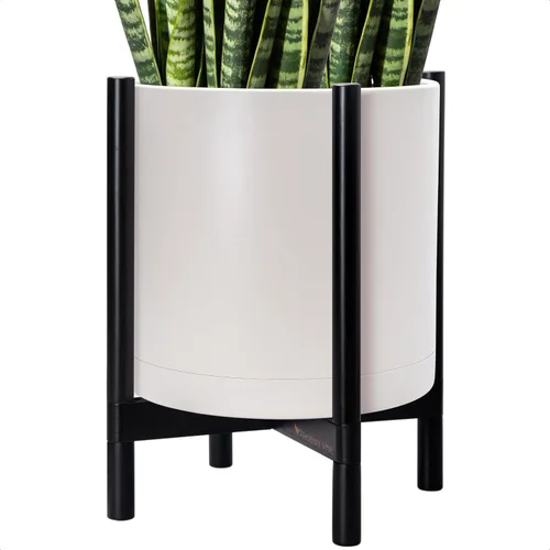 Vista 51 de Maceta de D'vine Dev con soporte - Maceta de flores de cilindro de plástico de 8.0 pulgadas con soporte de madera para interiores, maceta mate negra