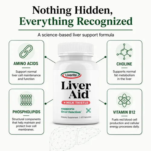 Vista 6 de LIVERITE Ayuda hepática con cardo mariano 60 cápsulas, suplemento de apoyo hepático con aminoácidos, colina, cardo mariano y vitamina B12 - Apoya