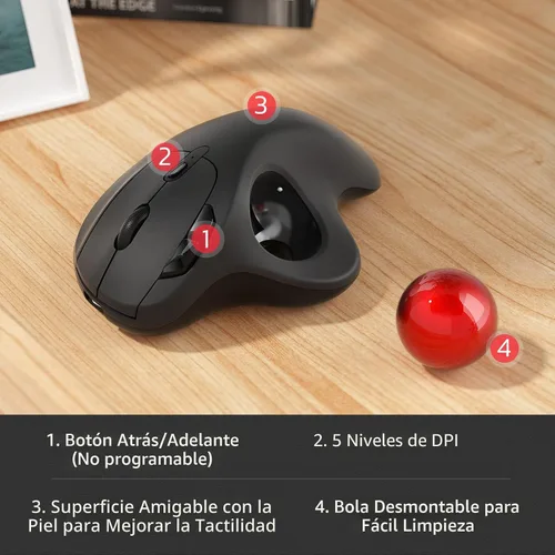 Vista 7 de Nulea Ratón Trackball Inalámbrico M501, Ergonómico Recargable, Control Fácil con el Pulgar, Seguimiento Preciso y Suave, Conexión de 3 Dispositivos