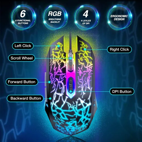 Vista 5 de BENGOO Ratón para juegos con cable, ergonómico para computadora portátil gamer, mouse óptico para computadora con retroiluminación RGB, 4 DPI