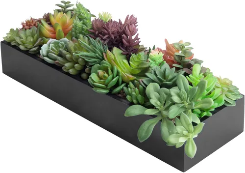 Vista 9 de MyGift Arreglo de suculentas artificiales surtidas en caja rectangular de madera negra, decoración de plantas falsas