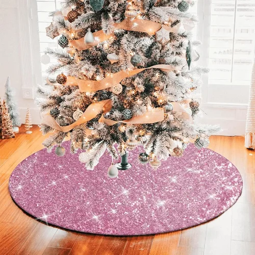 Vista 6 de Falda de Árbol de Navidad Rosa, Falda de Árbol de Lentejuelas Brillantes Rosa de 36 Pulgadas, Alfombrillas de Árbol de Navidad de Purpurina