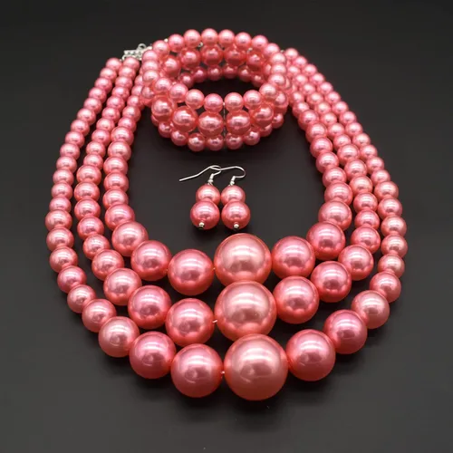 Vista 4 de JNF - Juego de collar y aretes de perlas grandes grandes de múltiples hebras, collar de perlas gruesas para mujer
