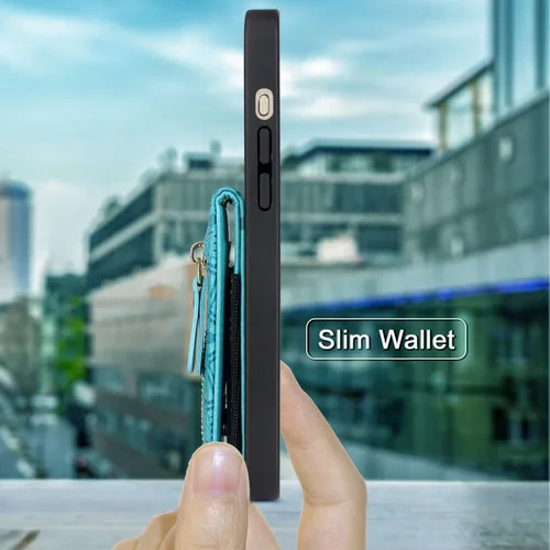 Vista 6 de Funda compatible con iPhone 15 Plus con ranuras elásticas para tarjetas, bolsillo con cremallera, soporte magnético a presión para iPhone 15 Plus 14