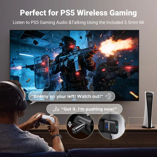 Vista 2 de UGREEN Bluetooth 5.3 Adapter for PS4 PS5 USB Audio Transmitter APTX Connecting Bluetooth Headphones to PS5, PS4, Switch, PC, Wireless Audio Adapter