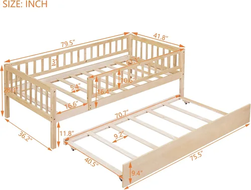 Vista 2 de Sofá cama individual con nido, marco de cama infantil de madera tamaño individual con valla, cama nido individual para niñas, niños, cama de Natural