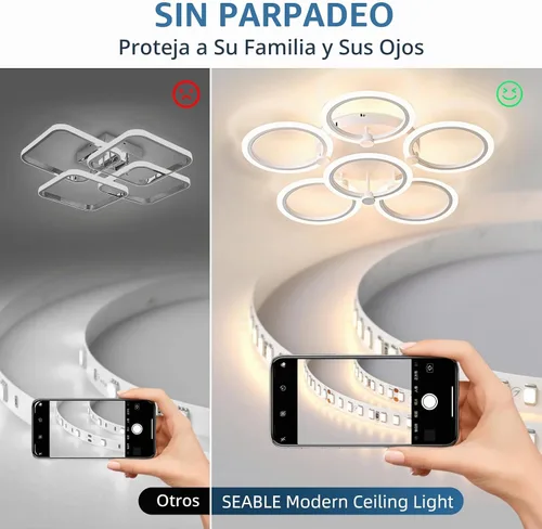 Vista 5 de Lámpara de techo LED, lámpara de techo moderna de 6 anillos, 77 W regulable 3000K a 6500K, luz de techo blanca con control remoto para sala