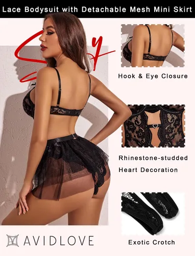 Vista 3 de Avidlove Lencería para mujer, body de encaje con minifalda de malla desmontable, conjunto de lencería de peluche push up