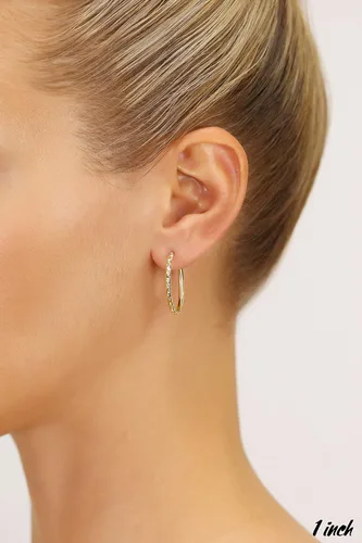 Vista 2 de 14k Gold Hand Engraved Diamond-cut Round Hoop Earrings -1'' Diameter