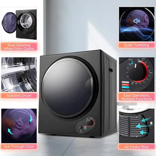 Vista 5 de Secadora de ropa portátil, 120 V/850 W, sensor de humedad inteligente, panel de control LCD, calefacción, secadora de ropa con tambor de acero