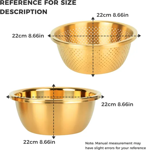 Vista 6 de Snailhouse Colador con tazón para mezclar, 2QT 304 de acero inoxidable para cocina, arroz, pasta, colador para lavar verduras y frutas, dorado