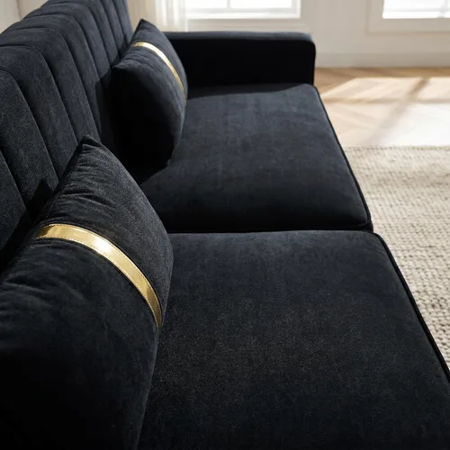 Vista 9 de Juego de sofá de 85 pulgadas, sofá de terciopelo con 2 almohadas y patas doradas, marco resistente de 750 libras, sofá moderno para dormitorio Negro