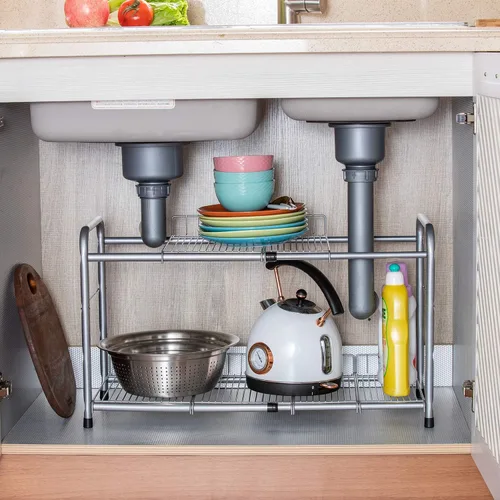 Vista 7 de FlagShip Organizador de 2 niveles para debajo del fregadero y estante de almacenamiento expandible para cocina y baño, color plateado