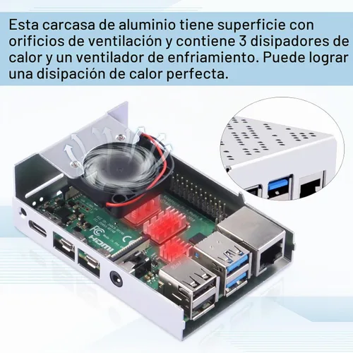 Vista 5 de GeeekPi Funda para Raspberry Pi 4, carcasa de aluminio con ventilador de refrigeración y disipadores de calor para Raspberry Pi 4 Modelo B