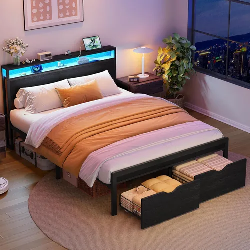 Vista 4 de FAVOOSTY Base de cama de tamaño matrimonial con cabecera de 2 niveles, plataforma de metal con 2 cajones de almacenamiento, luces LED y estación