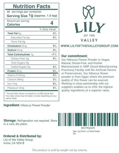 Vista 2 de Lily of the Valley Polvo de flor de hibisco – Hibiscus Sabdariffa molido – Ideal para cocinar, hornear, té, batido – Vegano y sin gluten – Bolsa